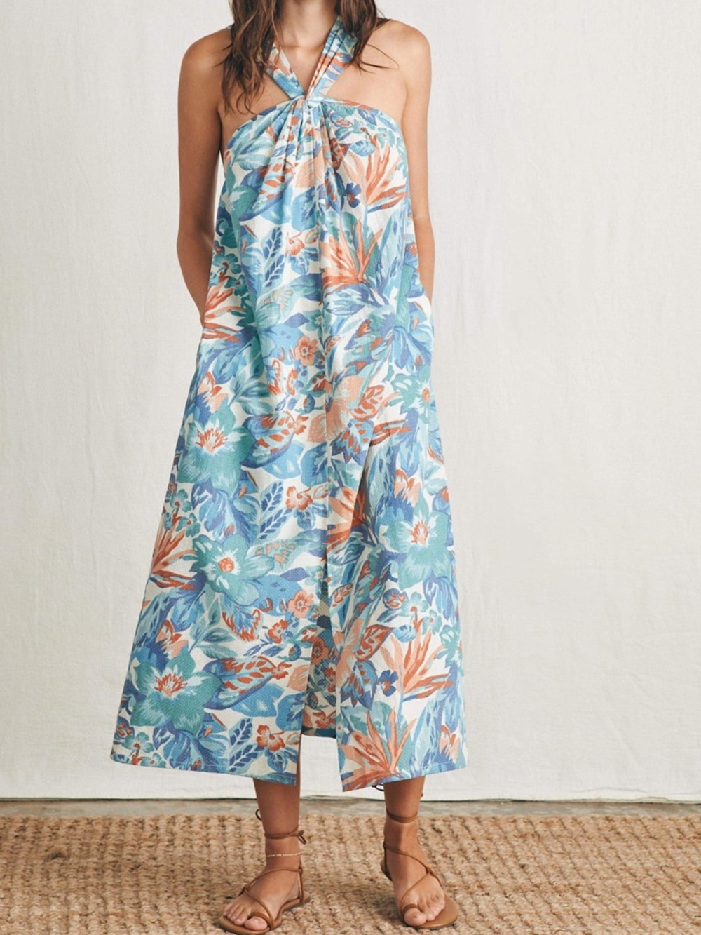 Faherty Bay Twist Seersucker Halter Dress Paradise Blossom Floral Small